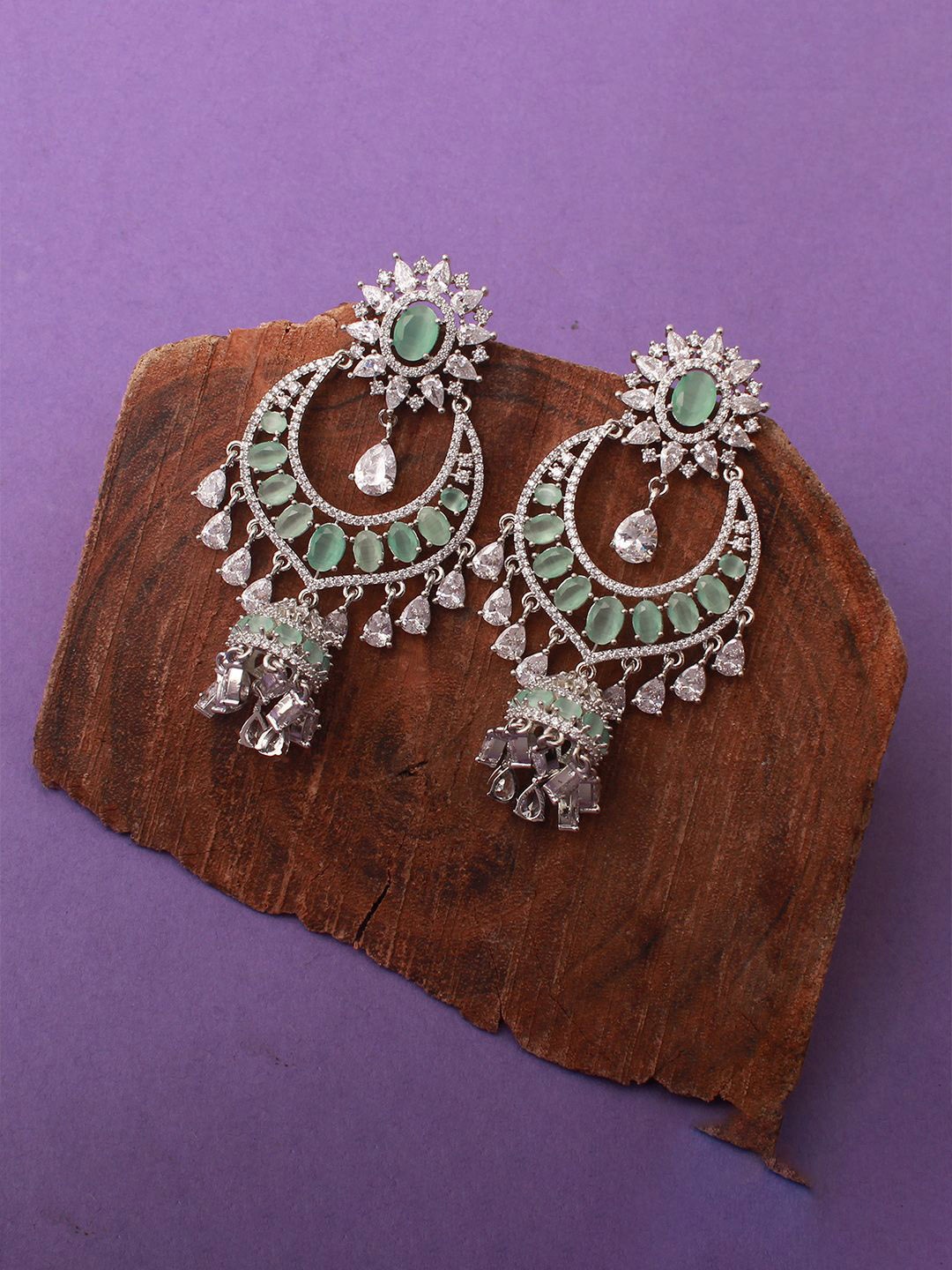 

Mirana Contemporary Rhodium Plated Cubic Zirconia Chandbalis Earrings, Sea green