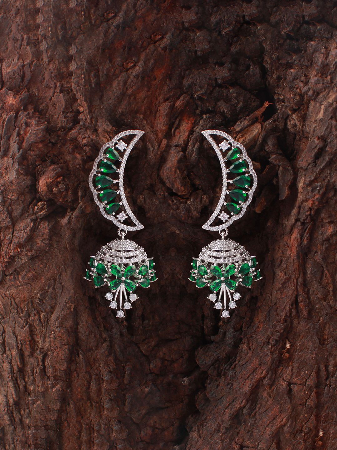 

Mirana Rhodium-Plated American Diamond Contemporary Oxidised Jhumkas Earrings, Green