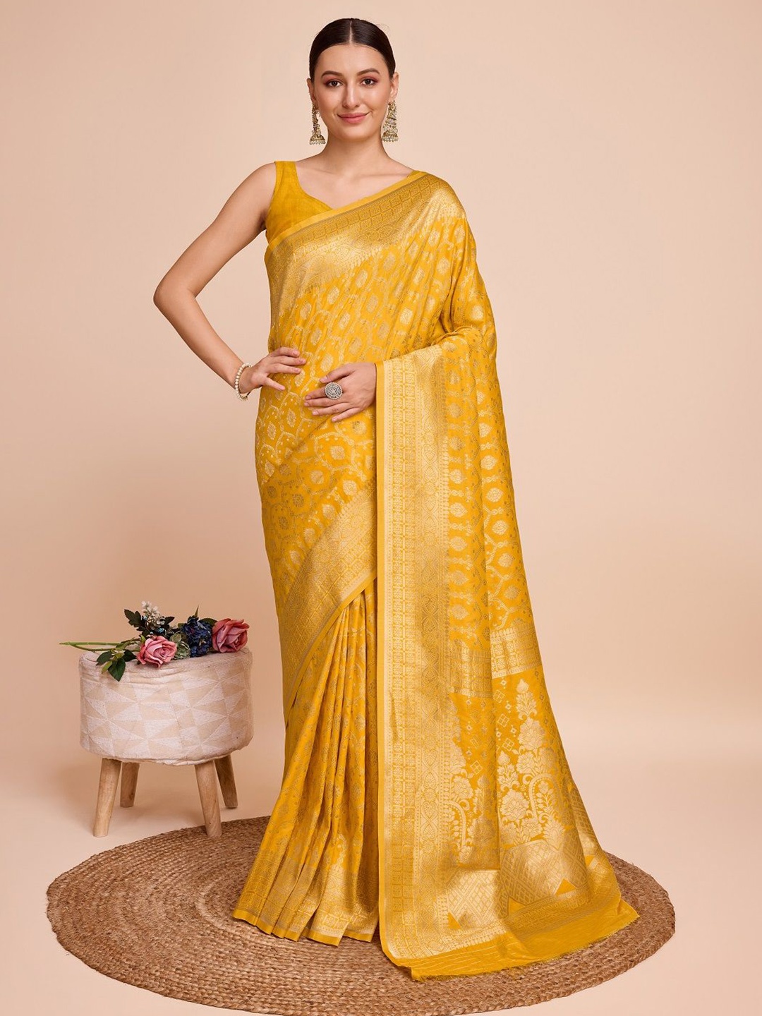 

Nimidiya Ethnic Motifs Zari Pure Silk Banarasi Saree, Yellow