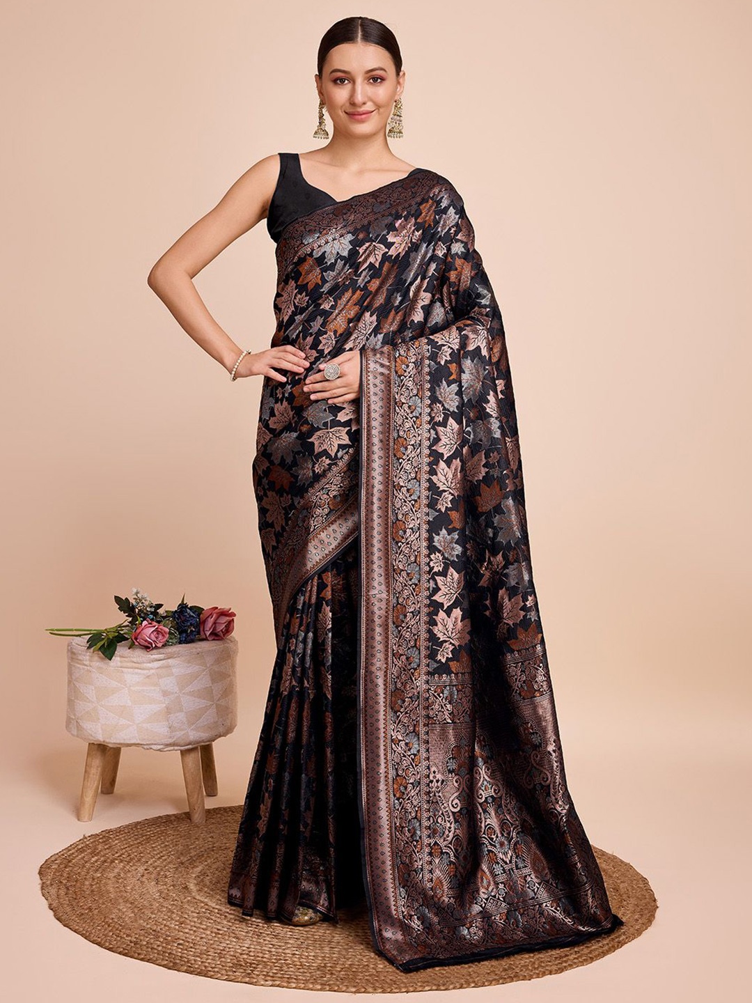 

Nimidiya Woven Design Zari Pure Silk Banarasi Saree, Black