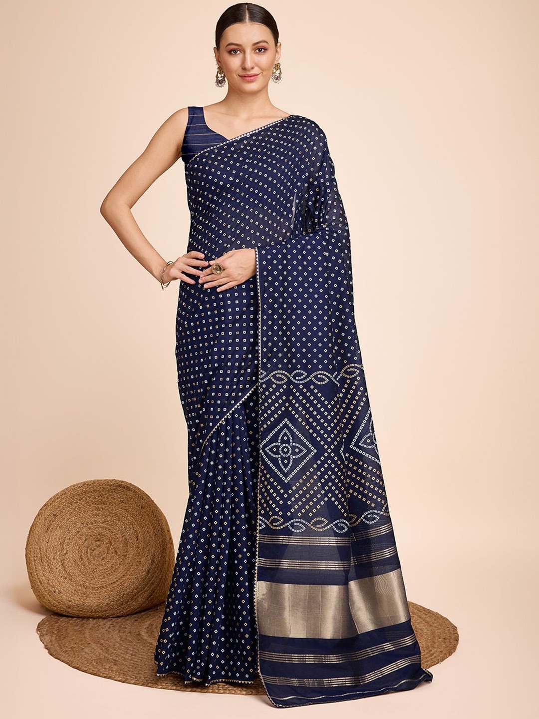 

Nimidiya Bandhani Zari Bandhani Saree, Navy blue