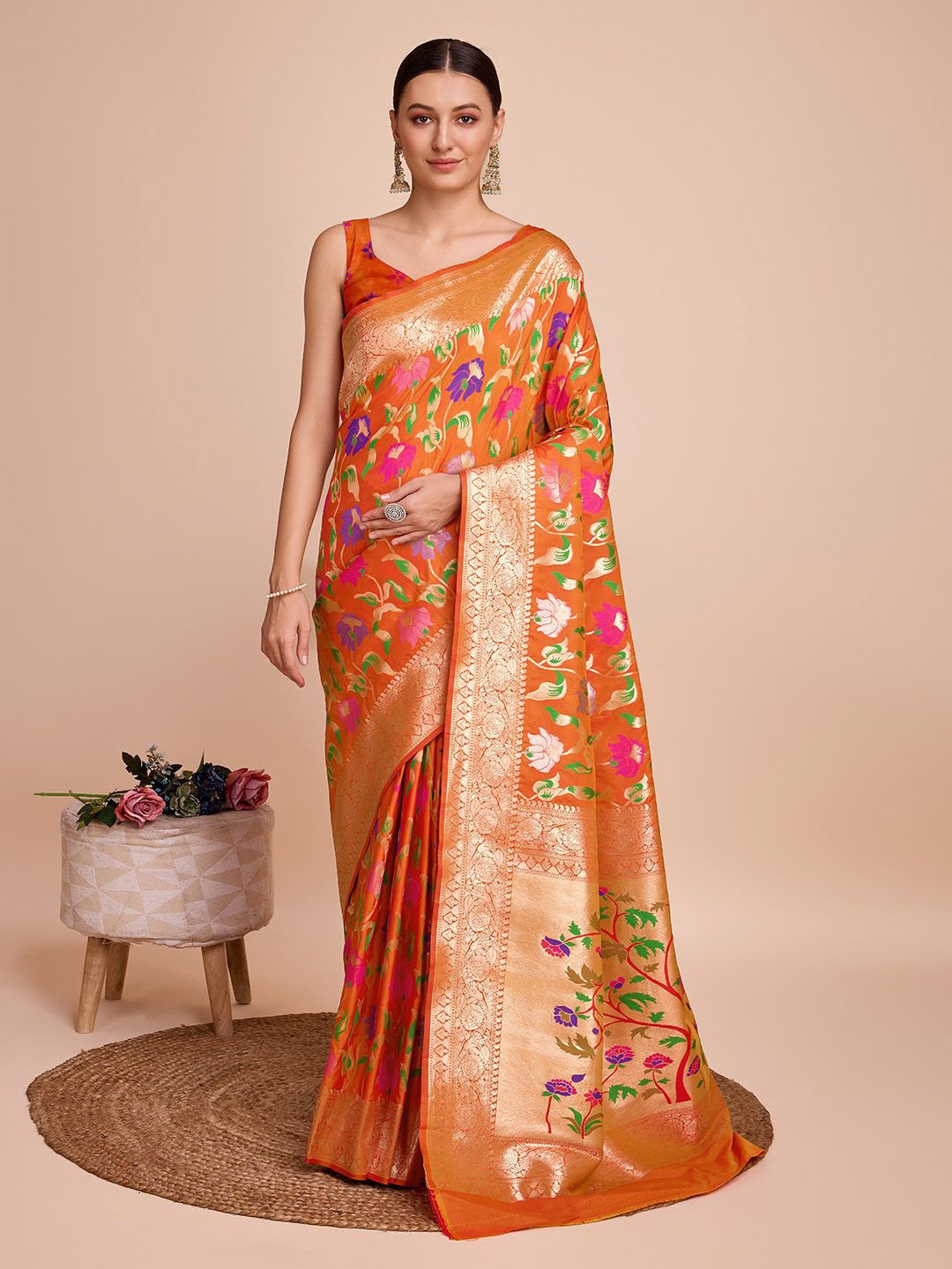 

Nimidiya Floral Zari Pure Silk Paithani Saree, Orange