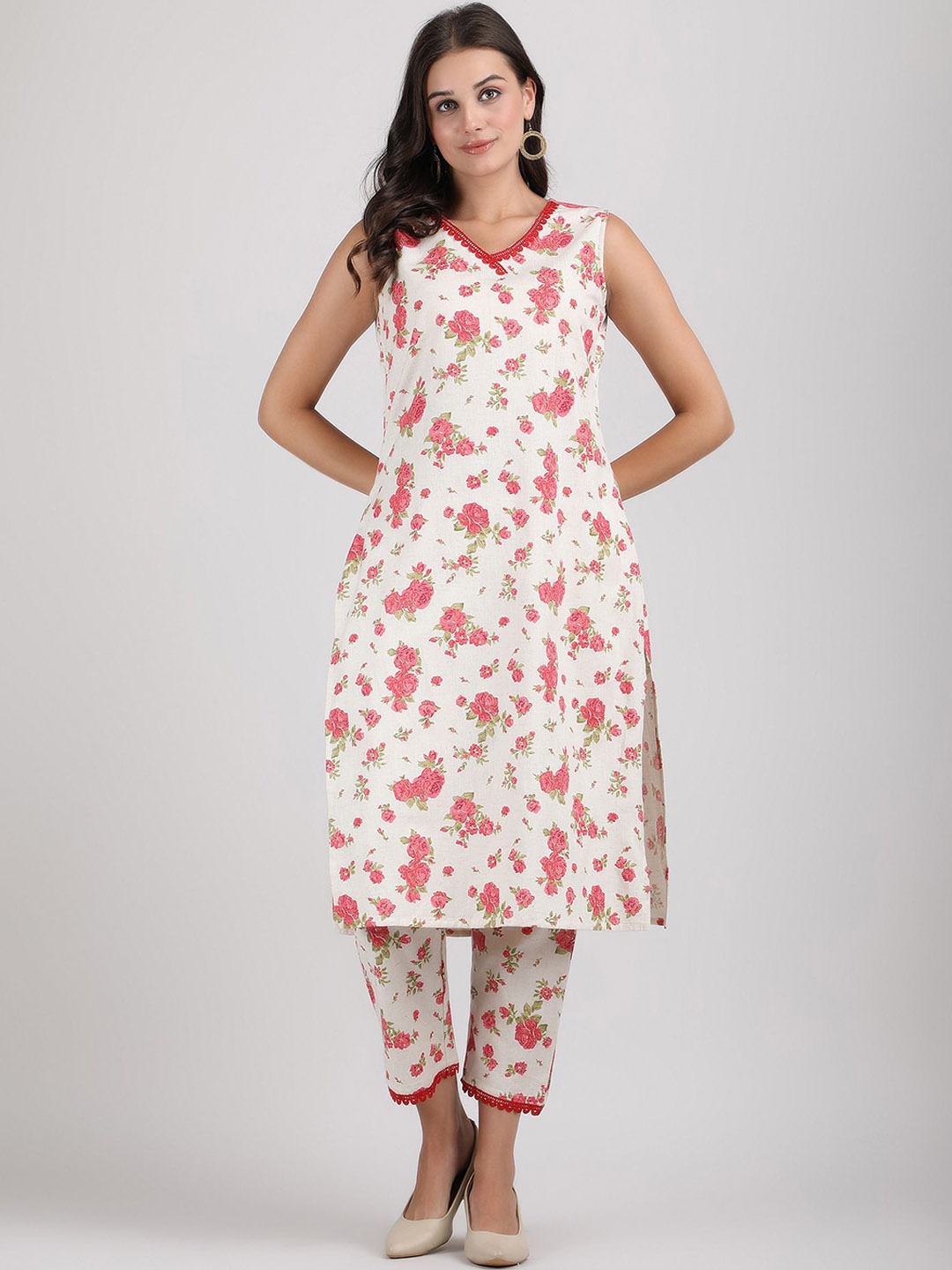 

Arayna Floral Printed V-Neck Regular Pure Cotton Kurta with Palazzos, Beige