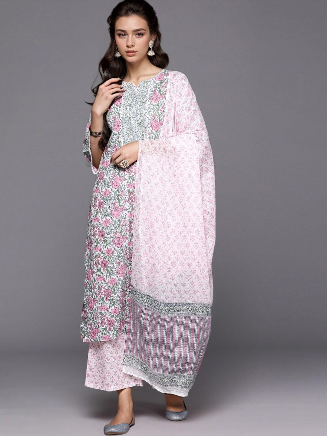 

Arayna Floral Printed Regular Pure Cotton Kurta With Palazzos & Dupatta, Pink