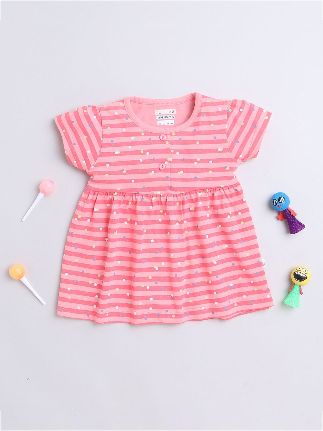 

BUMZEE Girls Striped Cap Sleeves Cotton Fit and Flare Dress, Coral