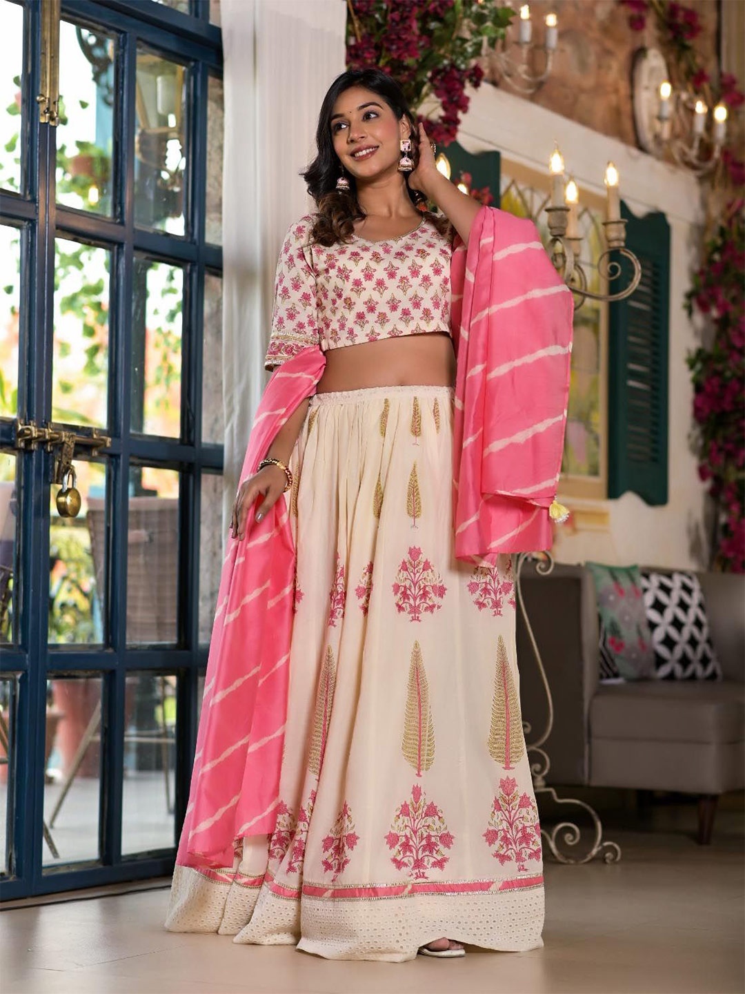 

Meena Bazaar Printed Ready to Wear Cotton Lehenga & Blouse With Dupatta, Cream