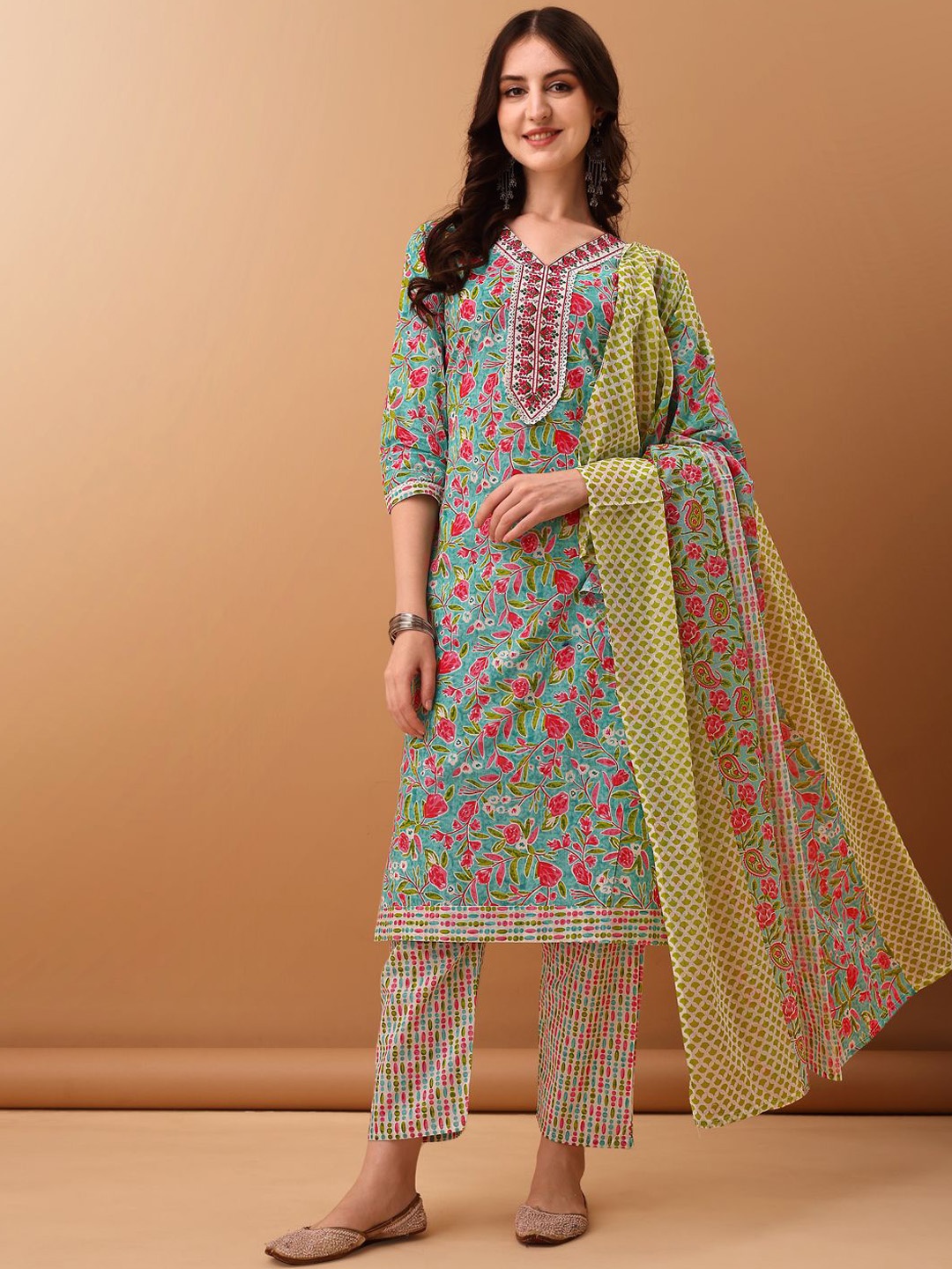 

KALINI Floral Printed V-Neck Thread Work Kurta with Trousers & Dupatta, Green