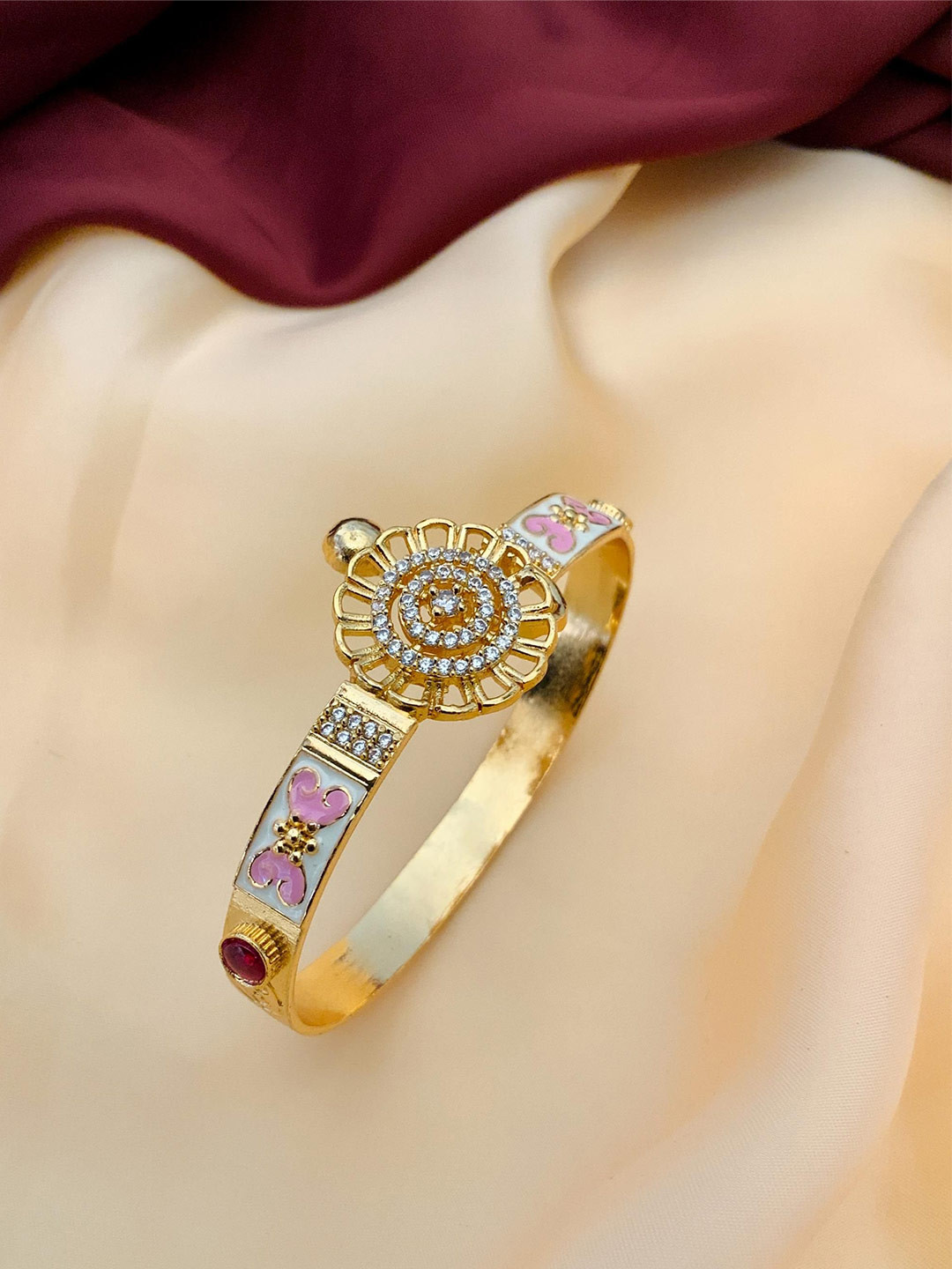 

ABDESIGNS Gold-Plated Brass Meenakari American Diamond Studded Cuff Bracelet