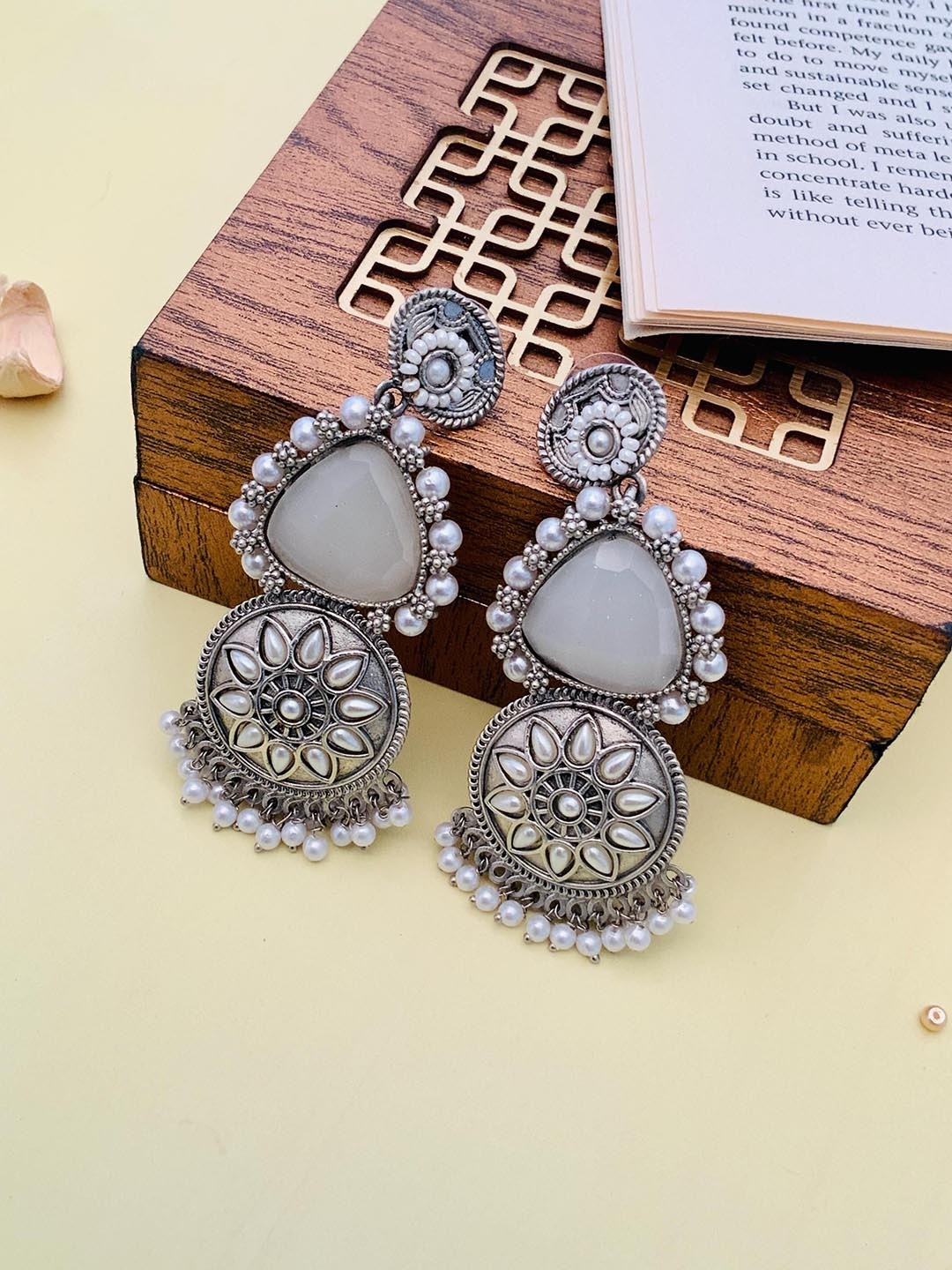 

ABDESIGNS Silver-Plated Stone-Studded & Beaded Classic Drop Earrings