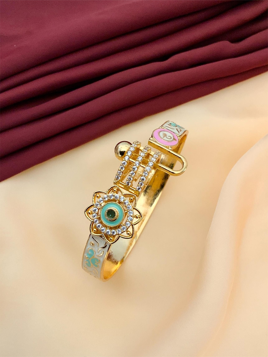 

ABDESIGNS Gold-Plated Meenakari American Diamond Studded Brass Cuff Bracelet