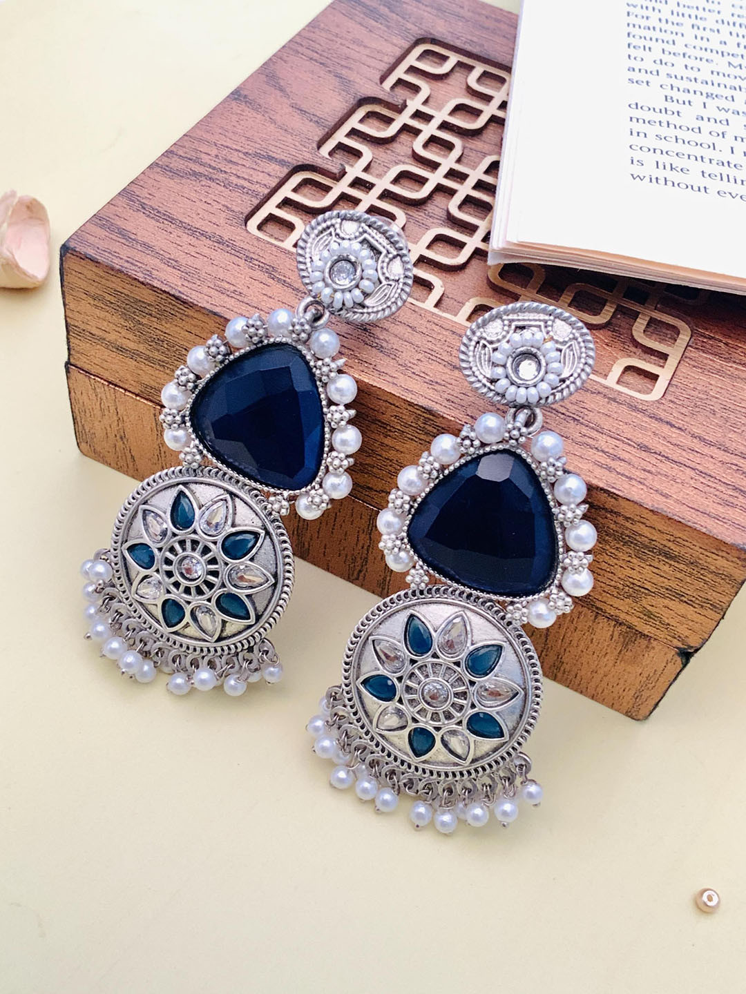 

ABDESIGNS Silver-Plated Stone-Studded & Beaded Classic Drop Earrings