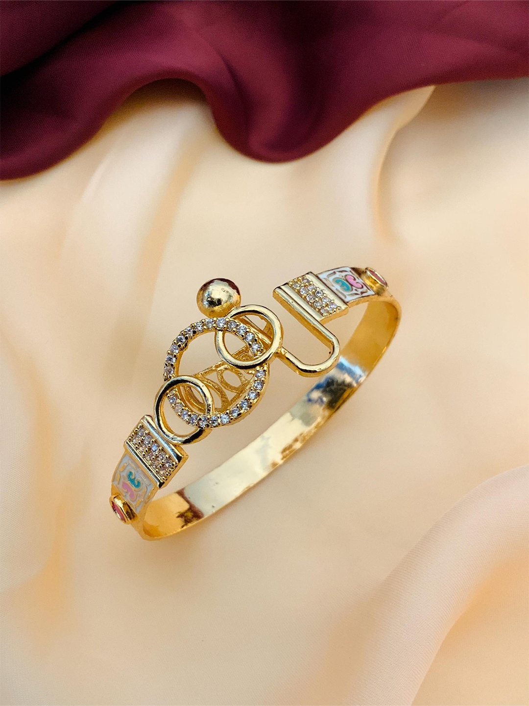 

ABDESIGNS Gold-Plated Meenakari American Diamond Studded Brass Cuff Bracelet
