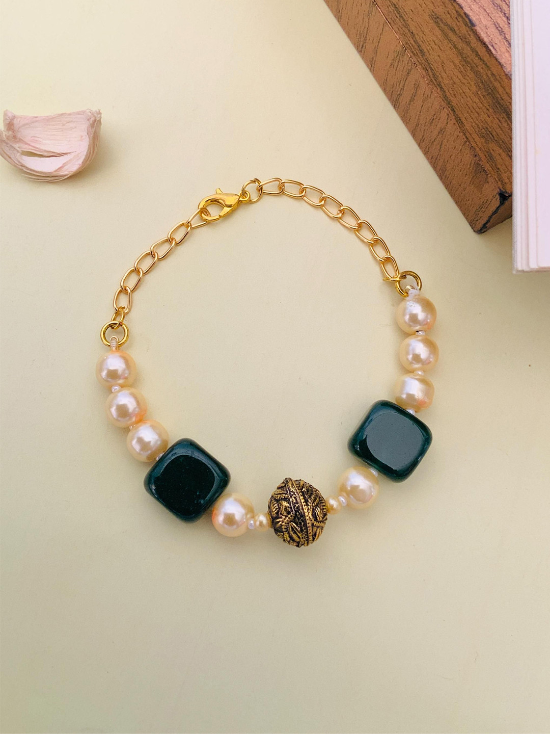 

ABDESIGNS Gold-Plated Stones & Beads-Studded Brass Charm Bracelet
