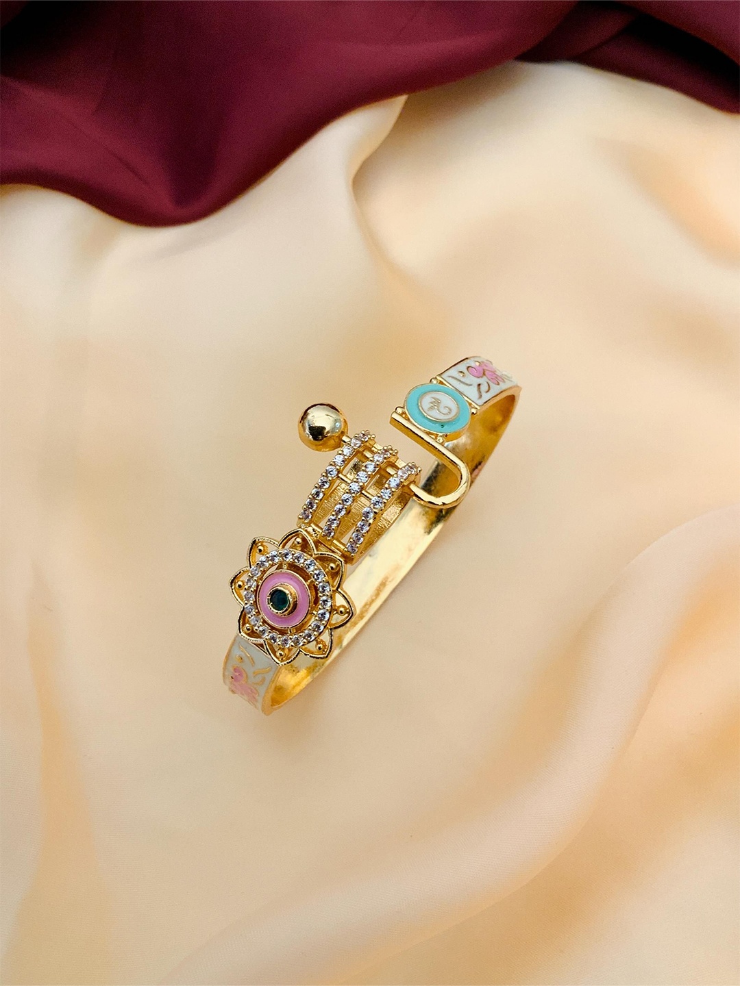 

ABDESIGNS Gold-Plated Meenakari American Diamond Studded Brass Cuff Bracelet