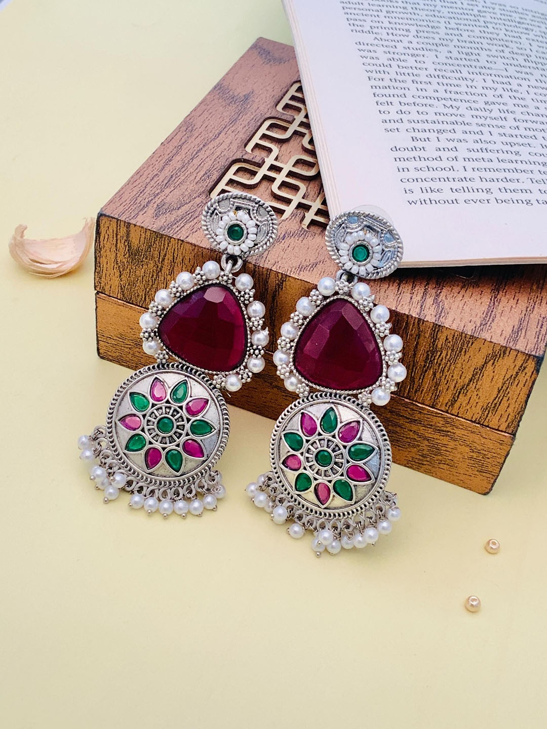 

ABDESIGNS Silver-Plated Stone-Studded & Beaded Classic Drop Earrings