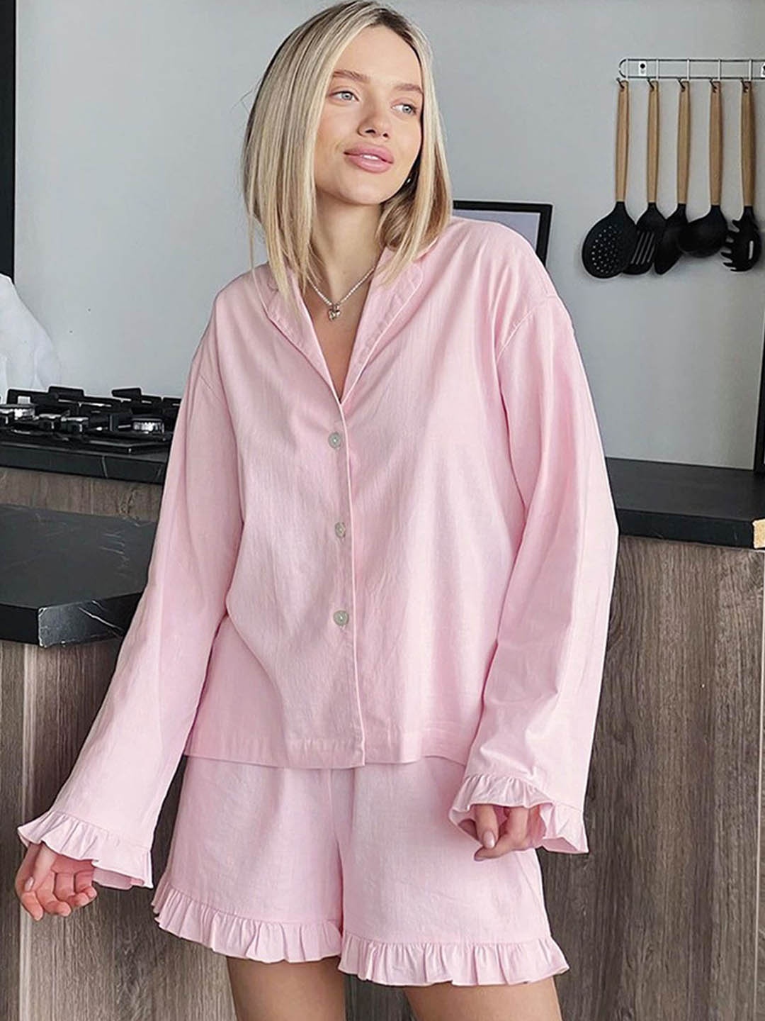 

LULU & SKY Shawl Neck Pure Cotton Shirt & Shorts, Pink