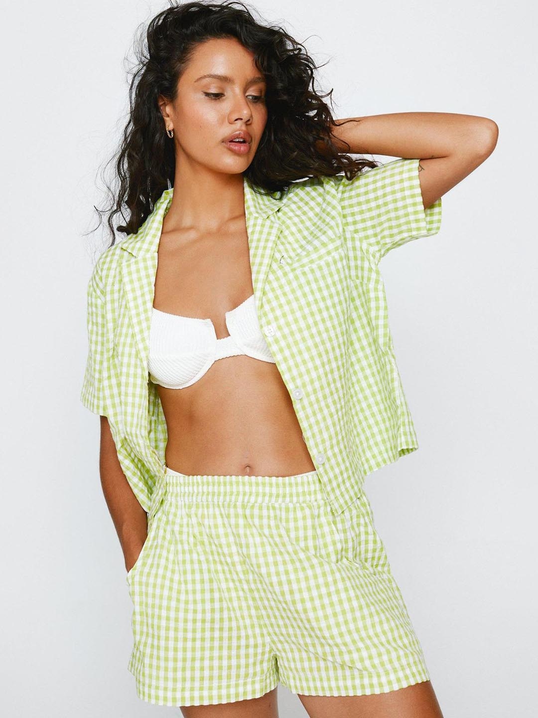 

LULU & SKY Gingham Pattern Collar Shirt With Shorts Co-Ords, Green