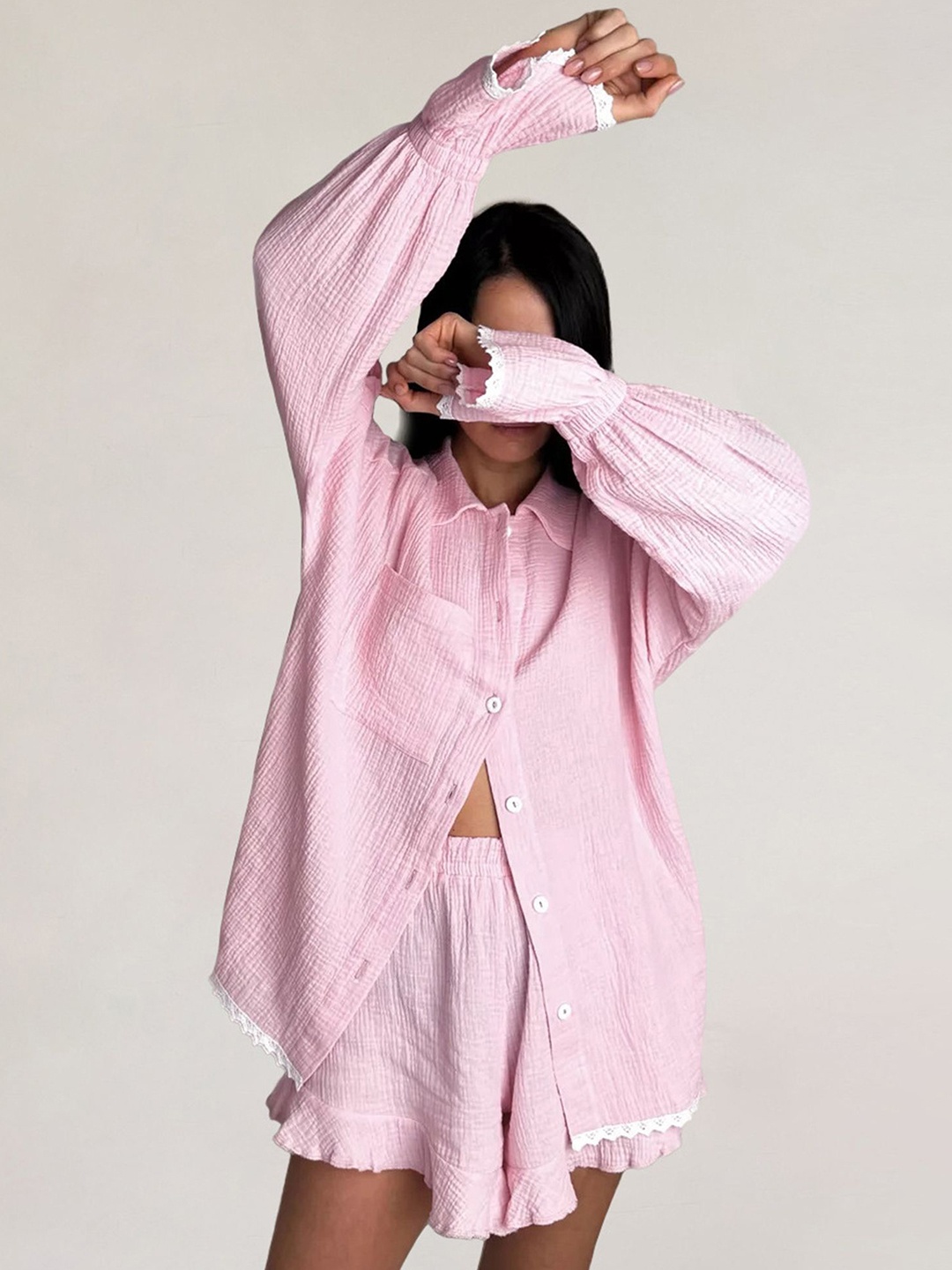 

LULU & SKY Self-Design Pure Cotton Shirt Collar Shirt With Shorts Co-Ords, Pink