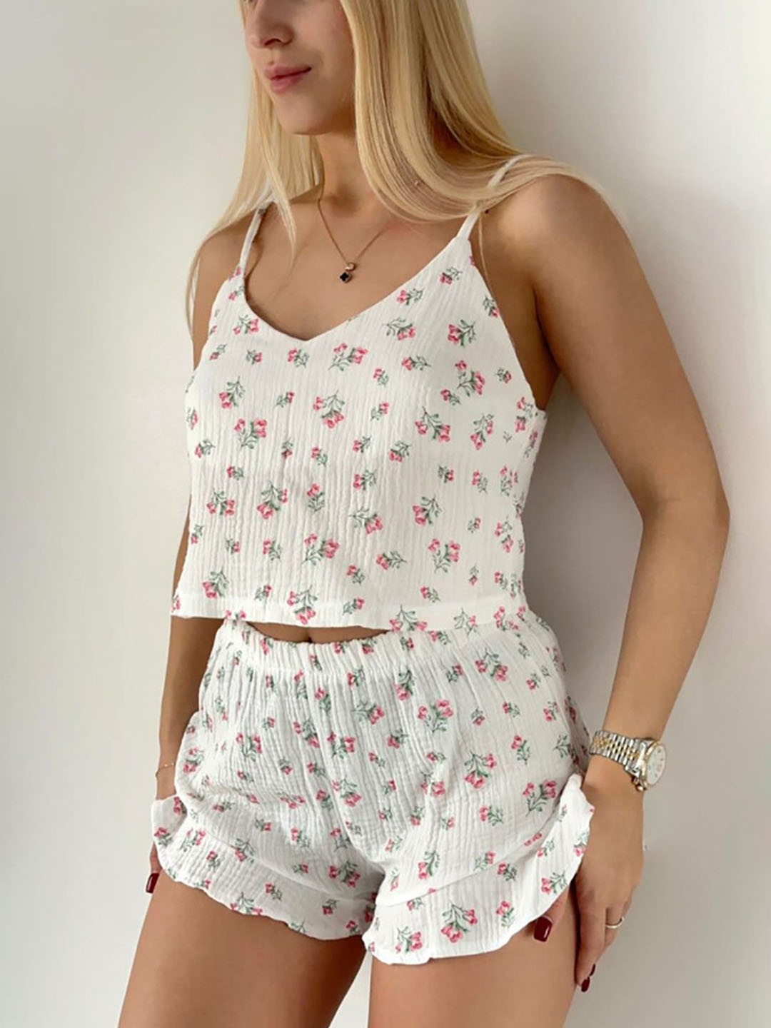 

LULU & SKY Printed Pure Cotton Cami & Shorts Night suits, White