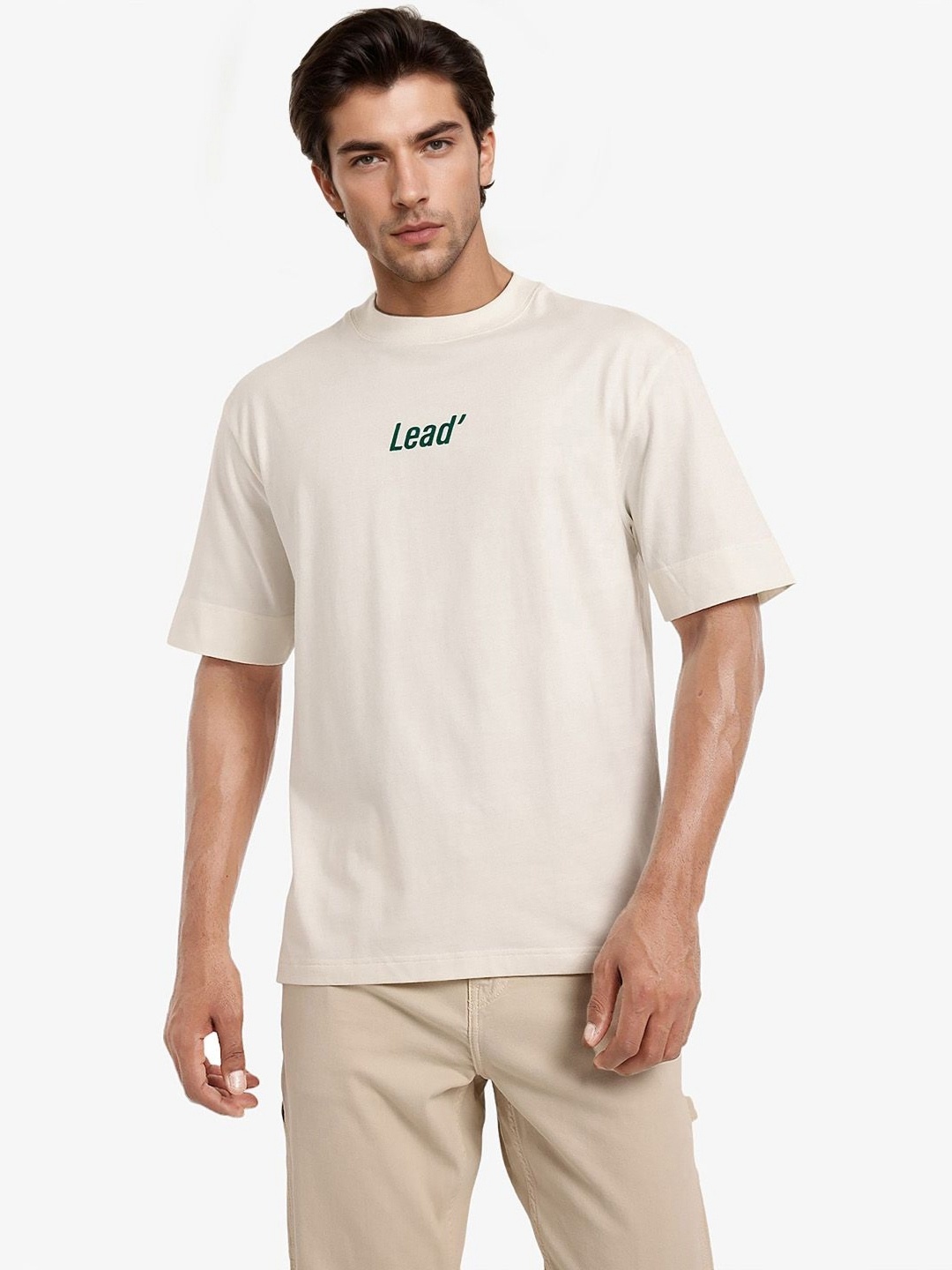 

RARE RABBIT Men Round Neck Drop-Shoulder Sleeves Solid T-shirt, Off white