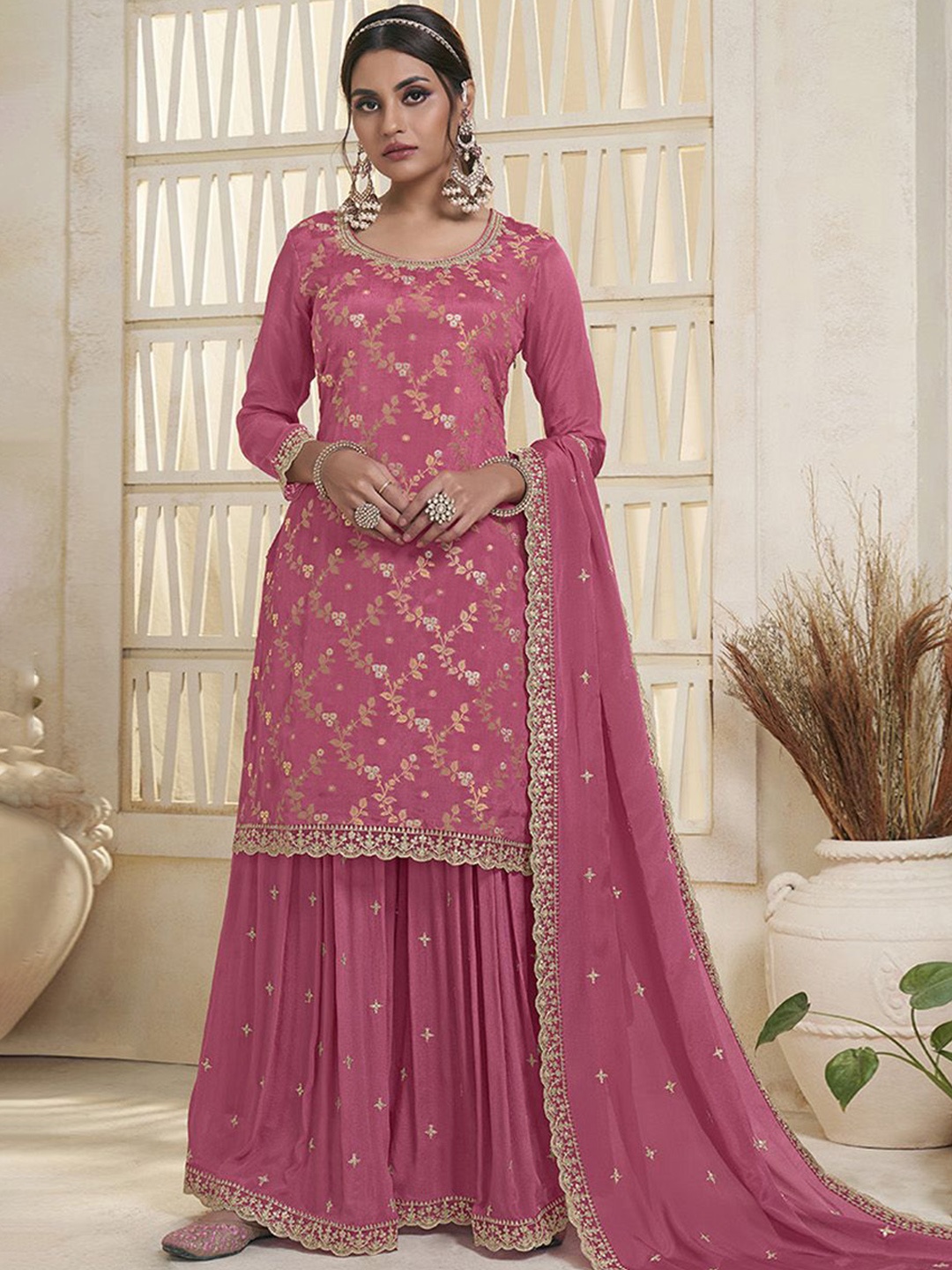 

Seerat Ethnic Motifs Embroidered Regular Silk Chiffon Kurti with Sharara & Dupatta, Pink