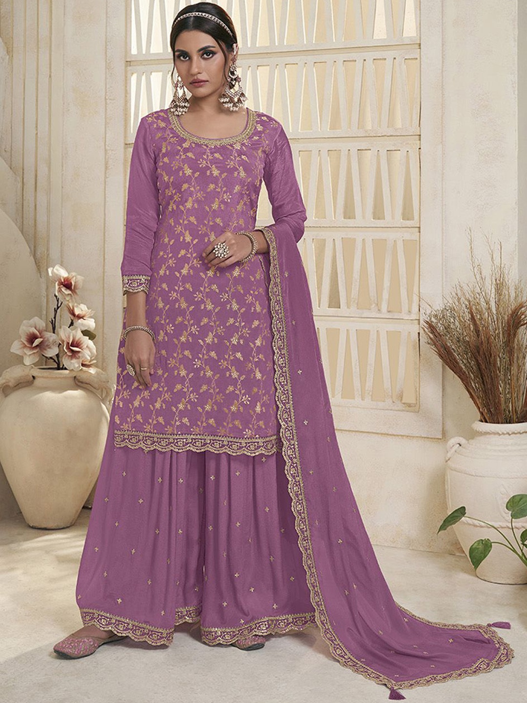 

Seerat Floral Embroidered Regular Thread Work Silk Chiffon Kurta with Sharara & Dupatta, Lavender