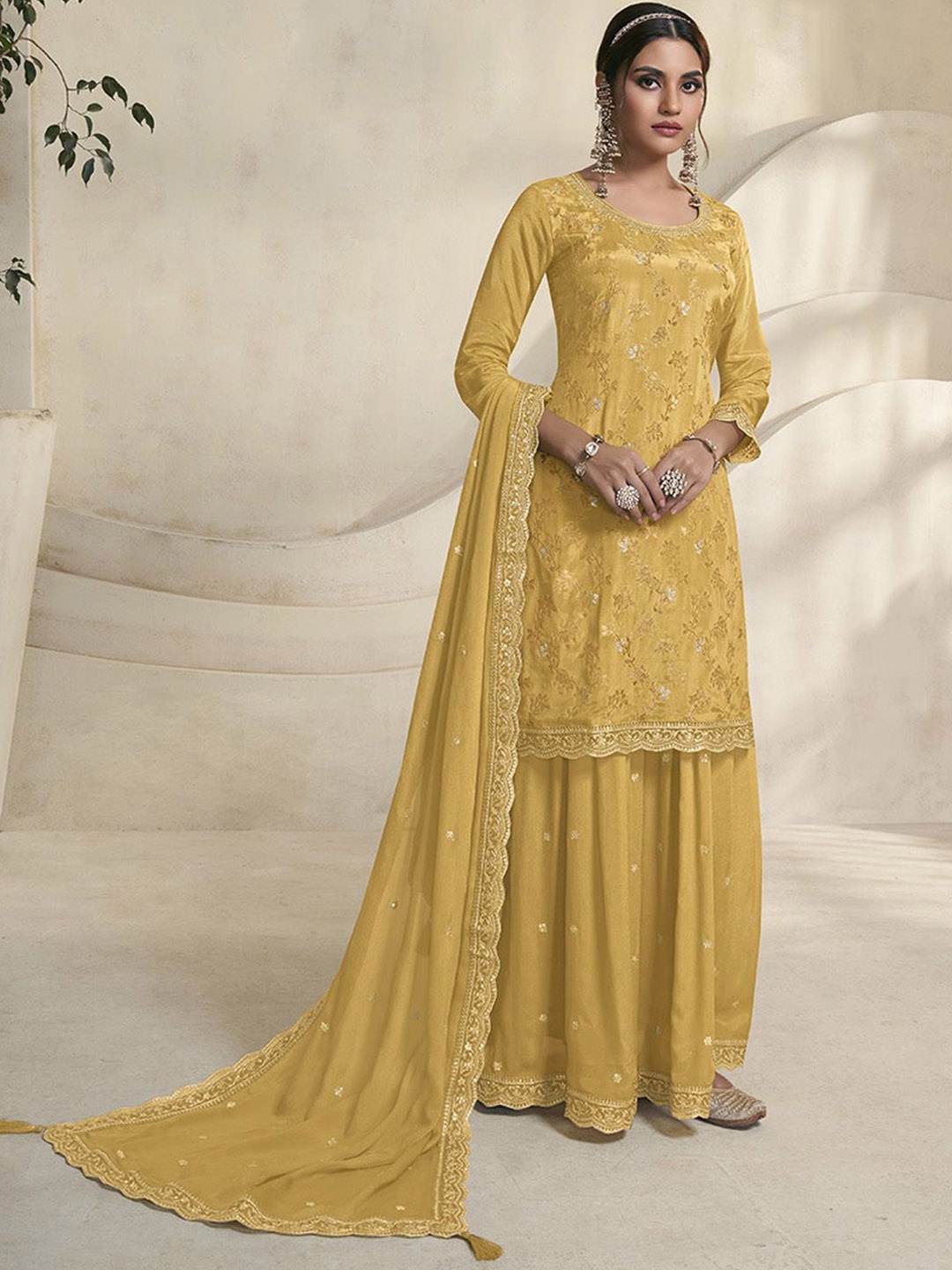 

Seerat Floral Embroidered Regular Silk Chiffon Kurta with Sharara & With Dupatta, Mustard