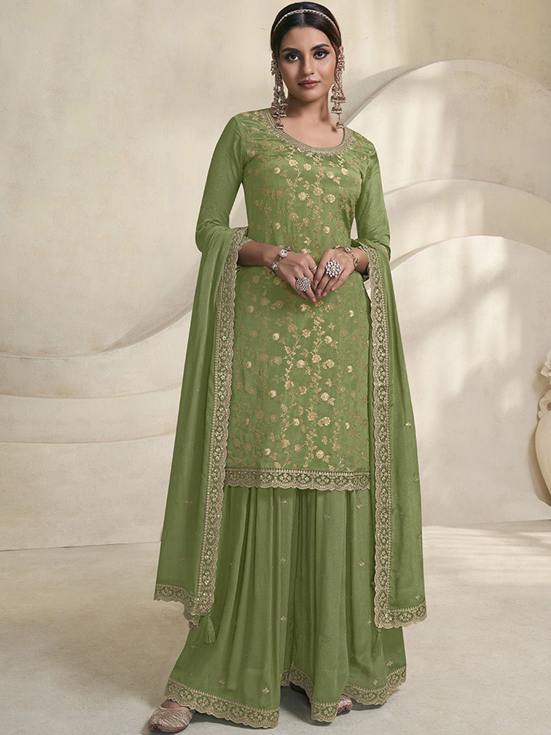 

Seerat Floral Embroidered Sequinned Silk Chiffon Kurta with Palazzos & Dupatta, Green