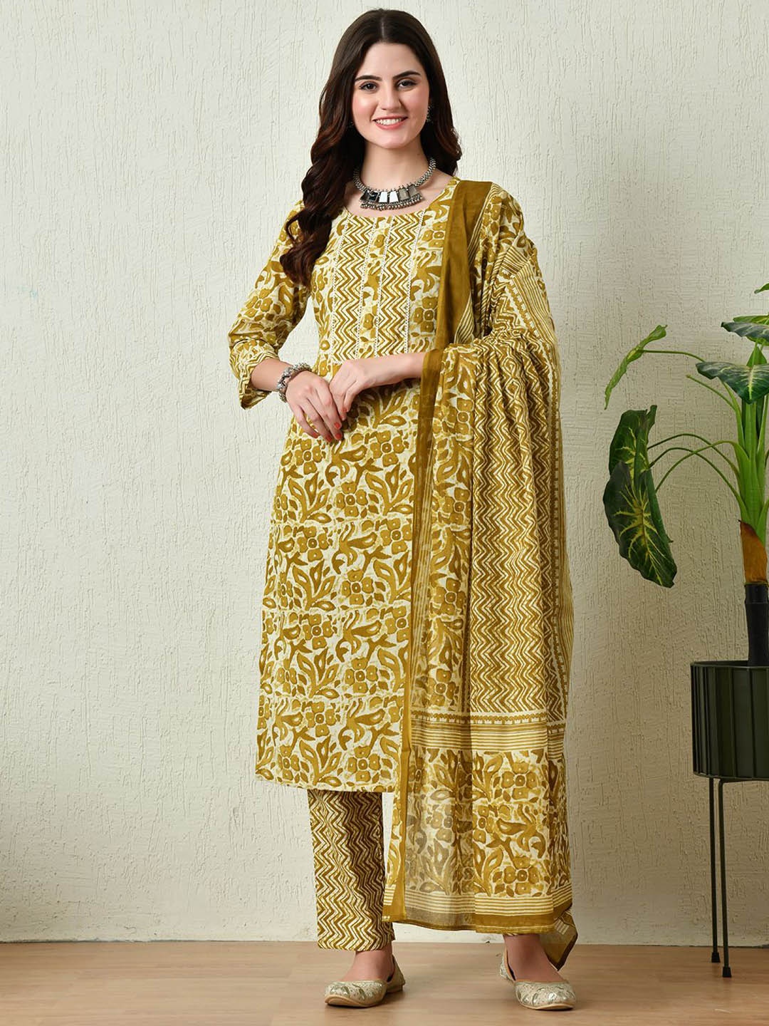 

Akshatani Floral Printed Pure Cotton Straight Kurta With Trousers & Dupatta, Mustard