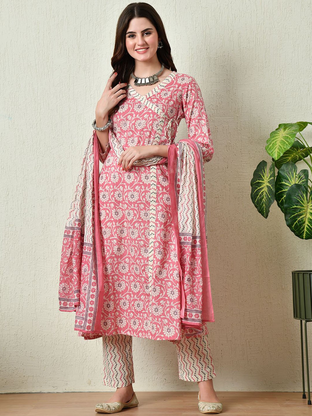 

Akshatani Printed Angrakha V-Neck Pure Cotton A-Line Kurta With Trousers & Dupatta, Pink