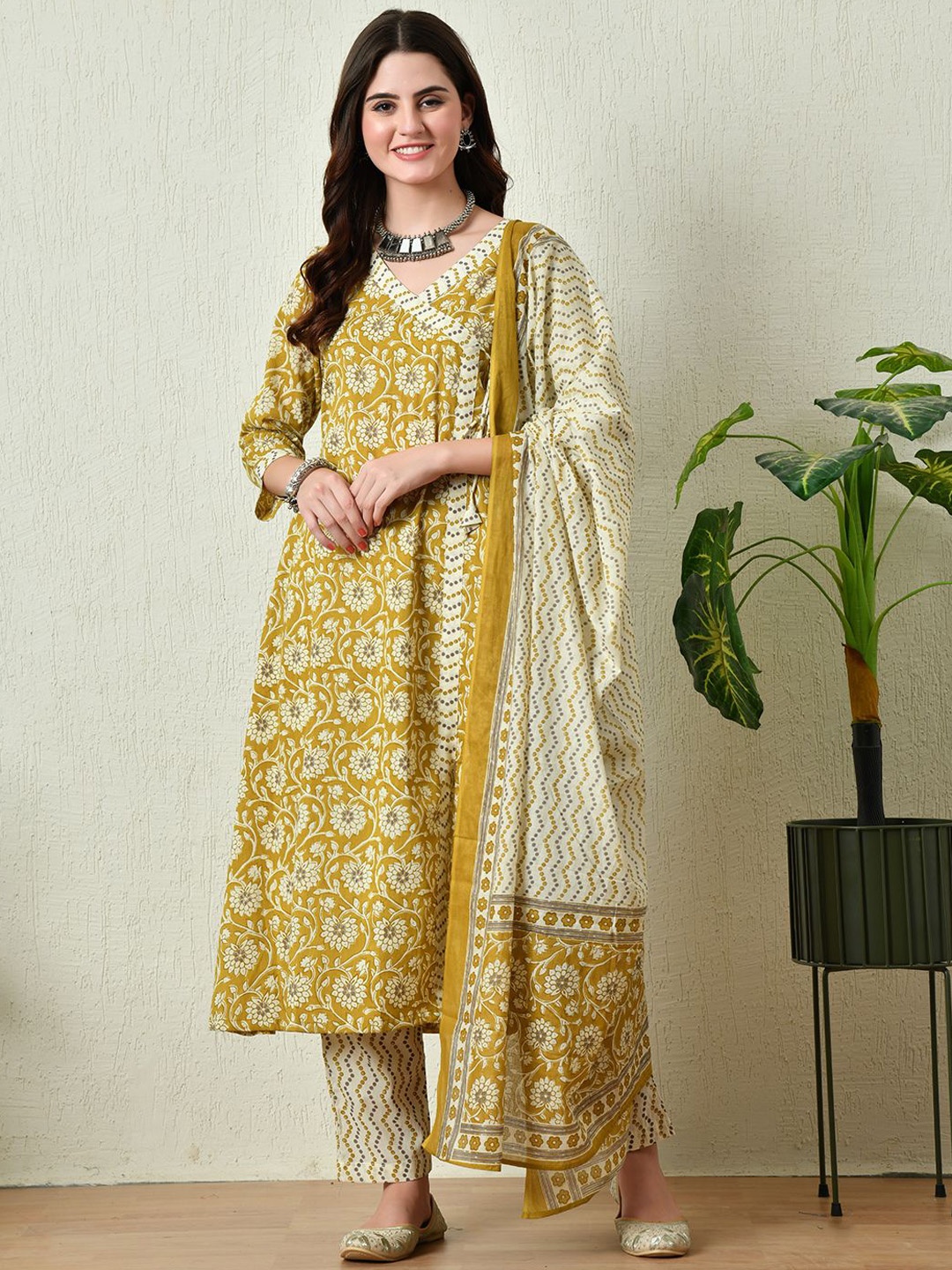 

Akshatani Printed Angrakha V-Neck Pure Cotton A-Line Kurta With Trousers & Dupatta, Mustard