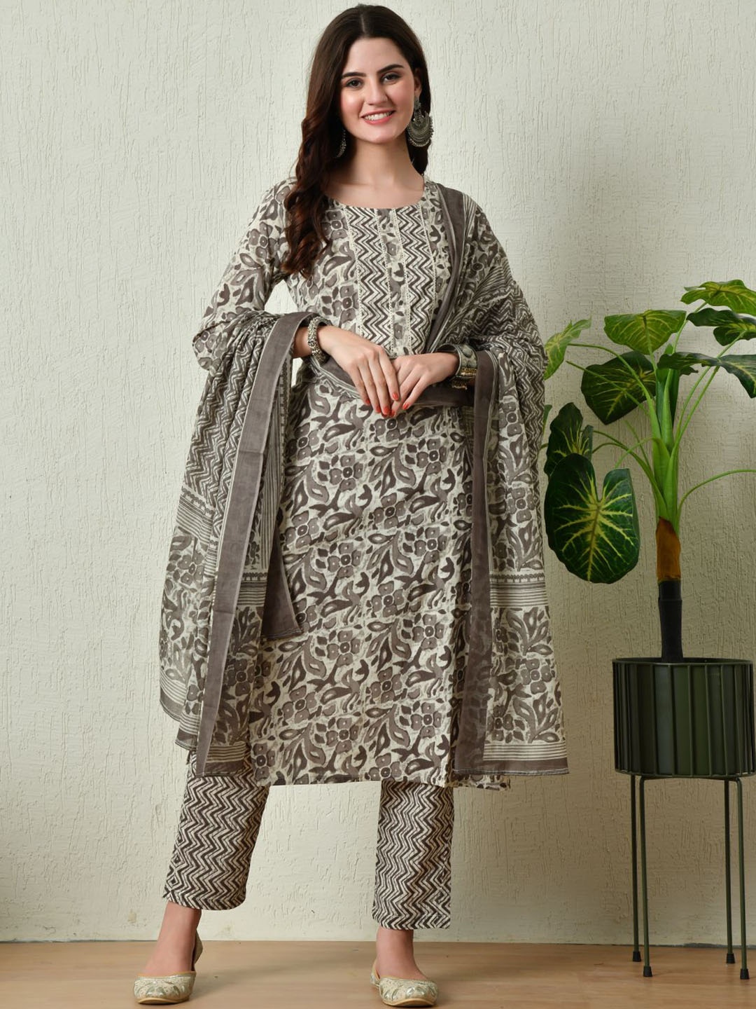 

Akshatani Floral Printed Pure Cotton Straight Kurta With Trousers & Dupatta, Grey
