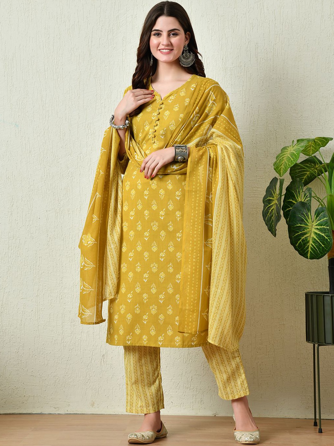 

Akshatani Floral Printed Notch Neck Pure Cotton Straight Kurta With Trousers & Dupatta, Mustard