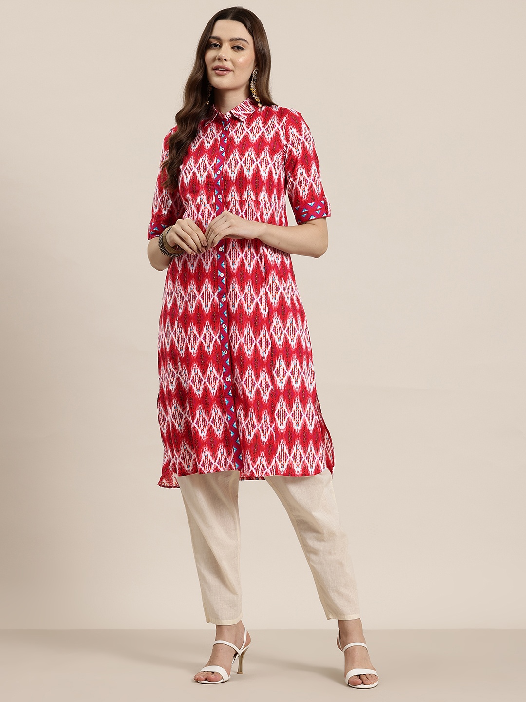 

HERE&NOW Geometric Printed Pathani Kurta, Red