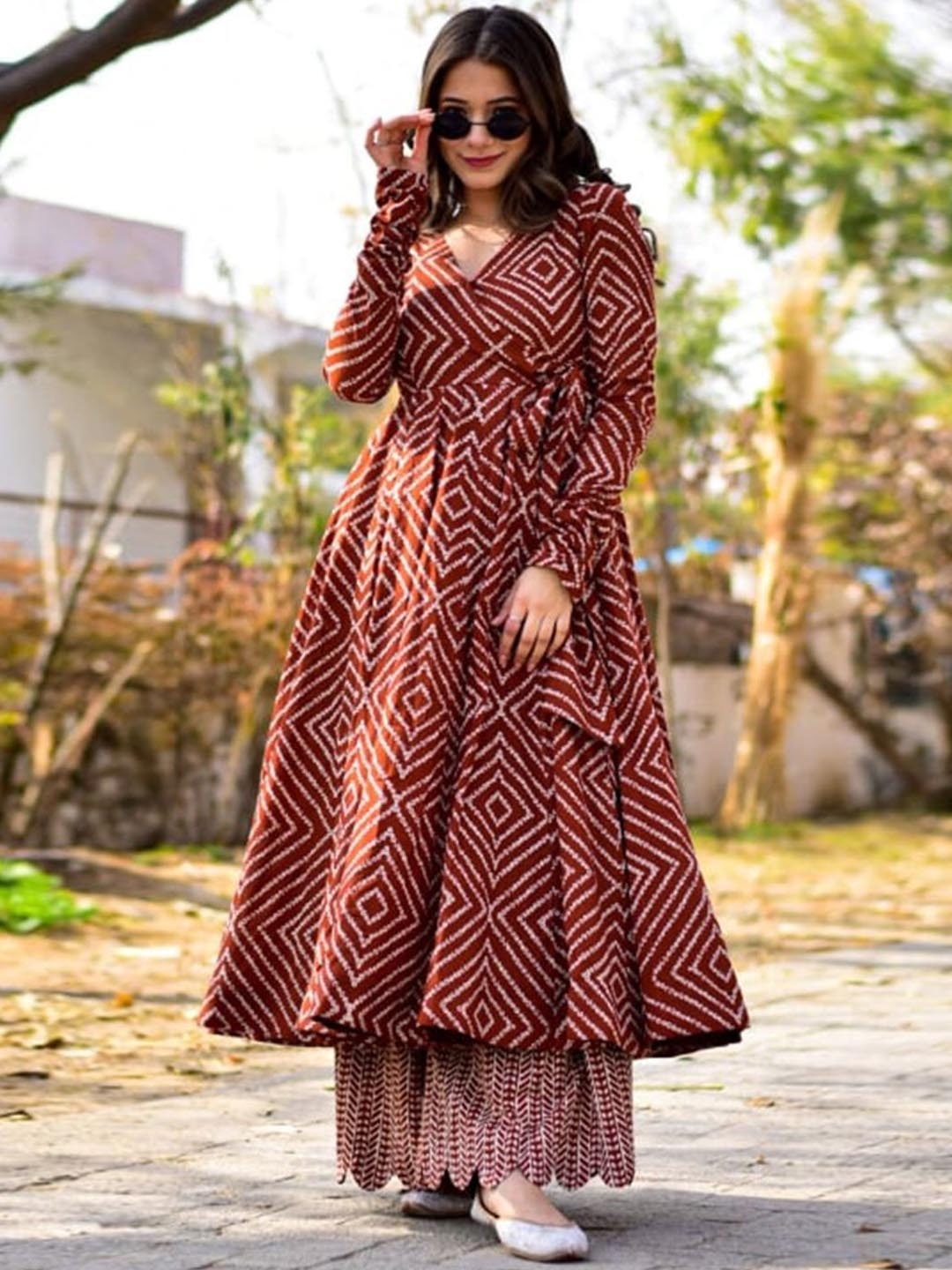 

saree.com Geometric Printed Angrakha Kurta with Palazzos, Rust
