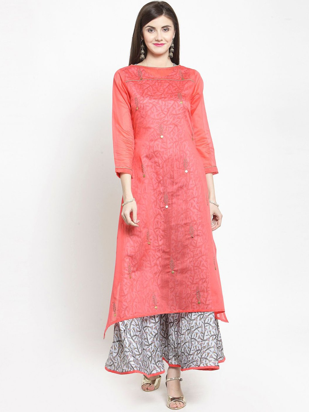 

KALINI Embrodired Boat Neck A-Line Ethnic Dress, Peach
