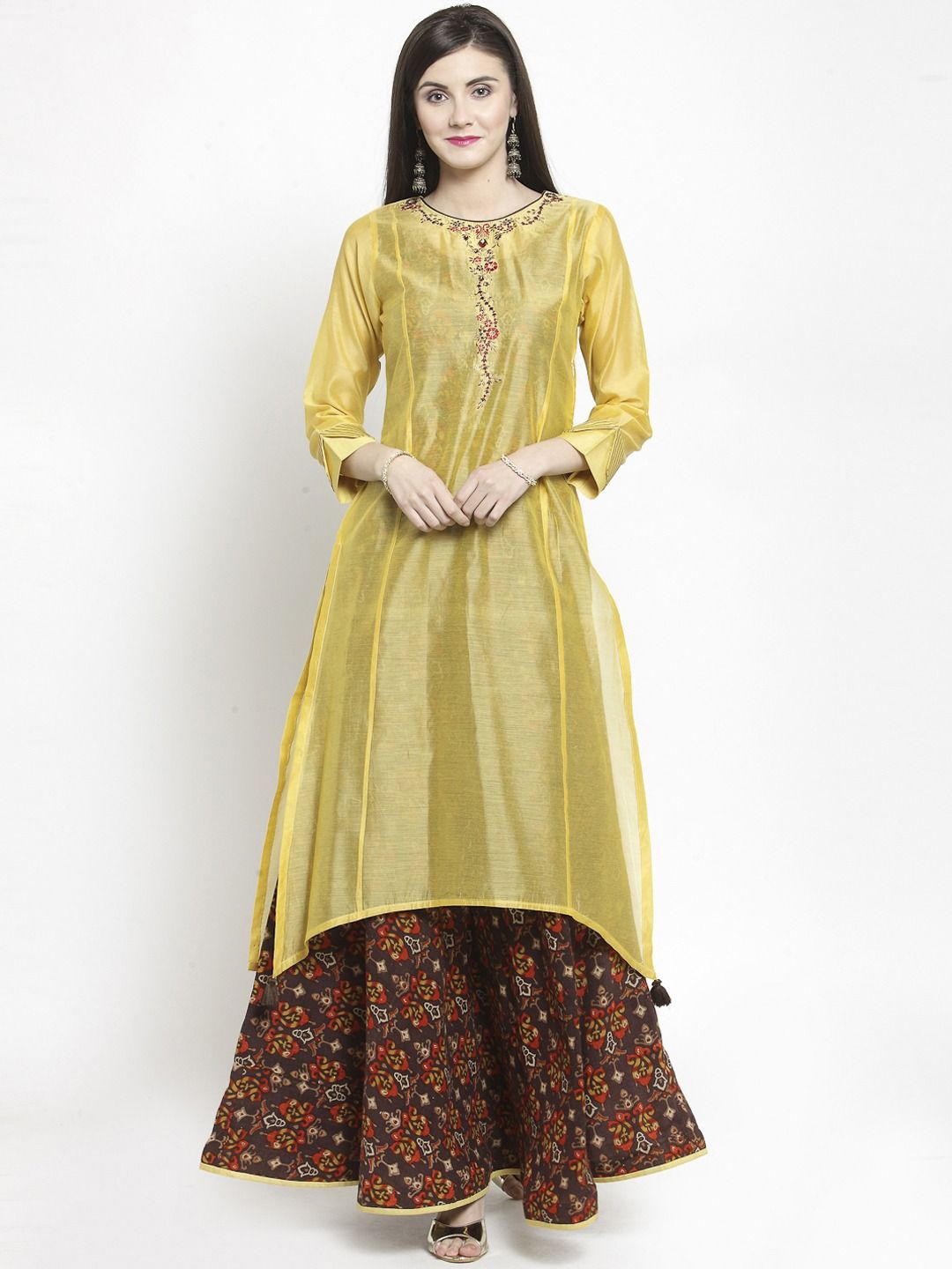 

KALINI Embroidered Round Neck With Printed Inner A-line Ethnic Dresses, Yellow