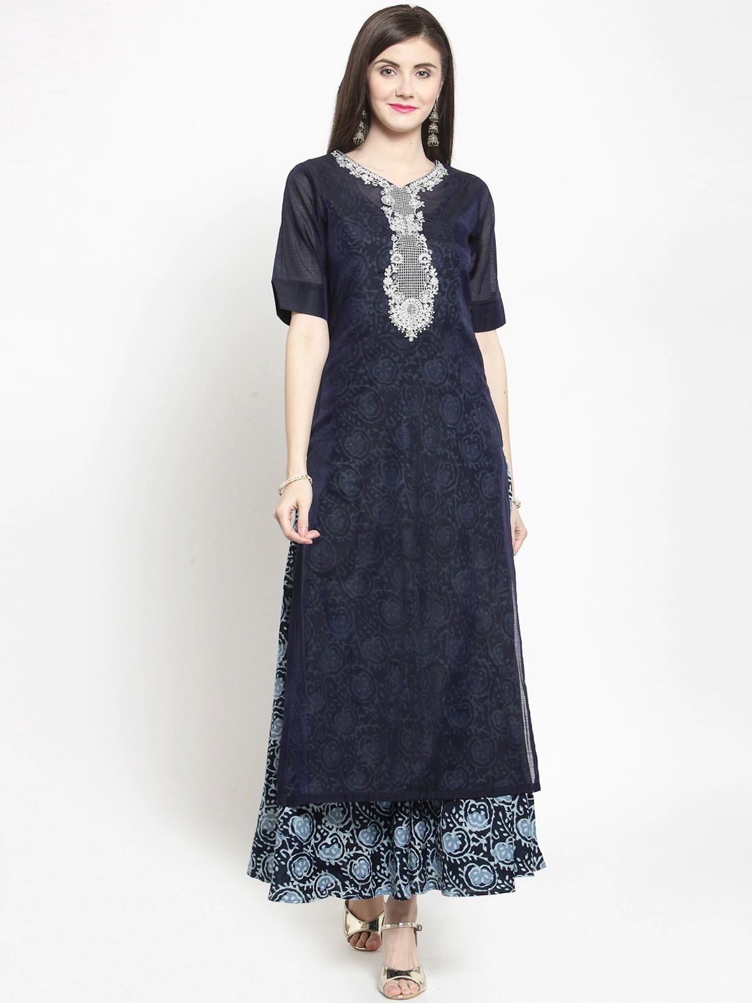 

KALINI Floral Embroidered Chanderi Straight Kurta With Inner, Navy blue