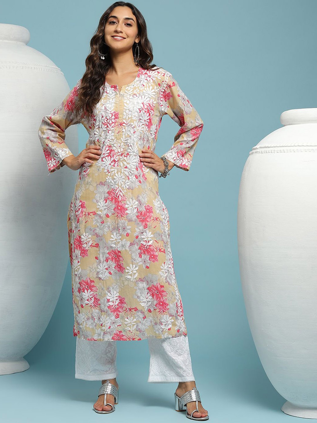 

House of Chikankari Floral Embroidered V-Neck Thread Work Straight Cotton Kurta, Brown