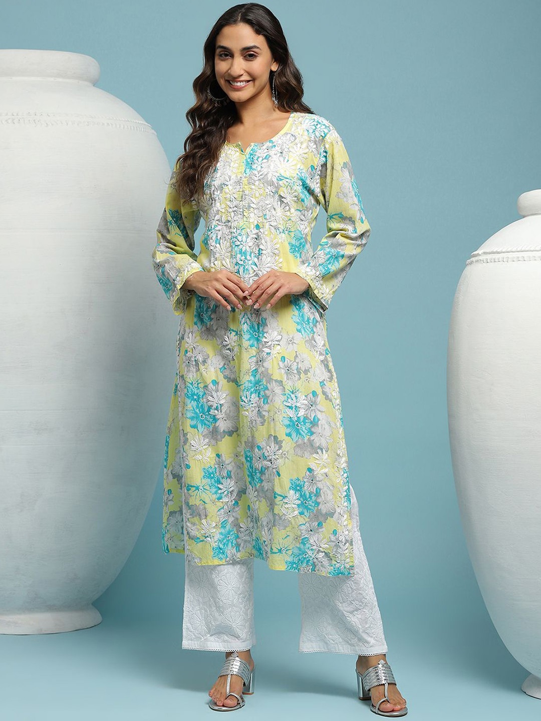

House of Chikankari Notch Neck Embroidered Cotton Chikankari Straight Kurta, Yellow