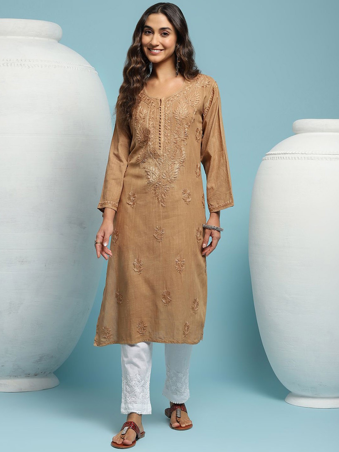 

House of Chikankari Embroidered Cotton Straight Chikankari Kurta, Brown