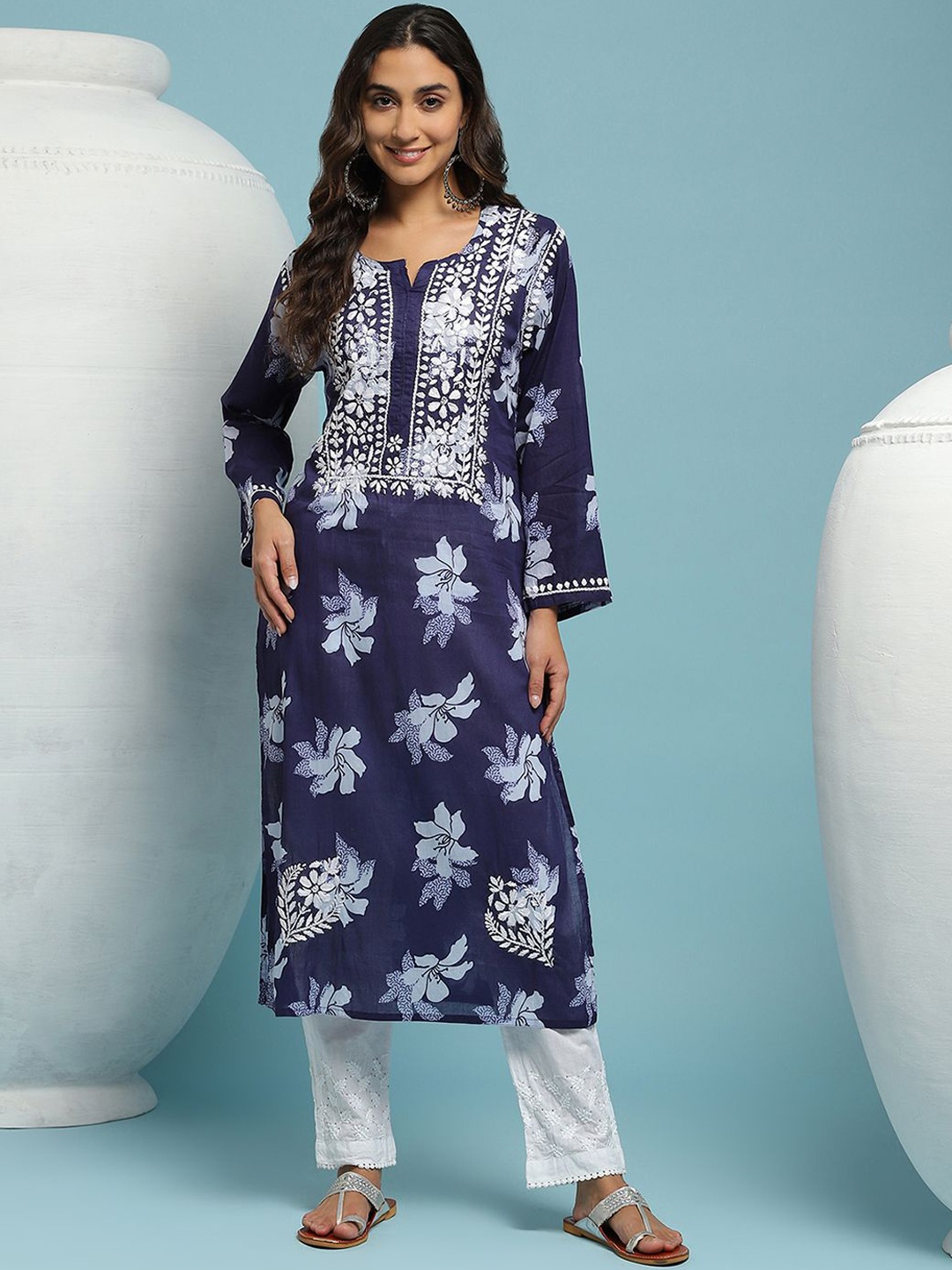 

House of Chikankari Chikankari Printed Kurta, Navy blue