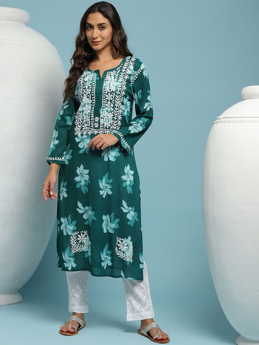 

House of Chikankari Chikankari Printed Kurta, Green