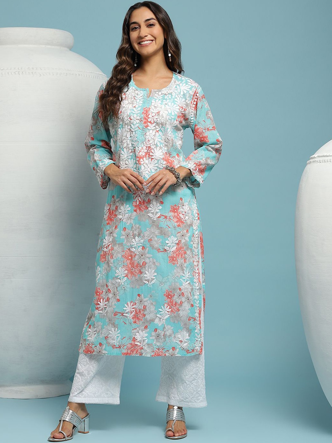 

House of Chikankari Floral Printed Notched Neck Straight Pure Cotton Kurta, Blue