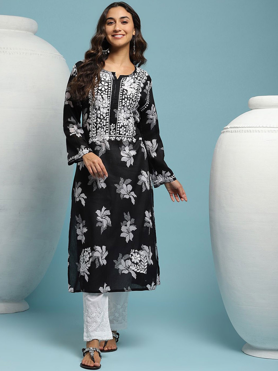 

House of Chikankari Chikankari Printed Kurta, Black