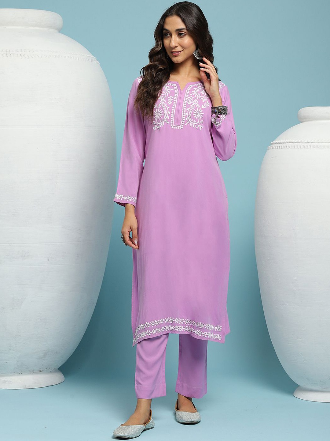 

House of Chikankari Floral Embroidered Straight Kurta With Trouser, Purple