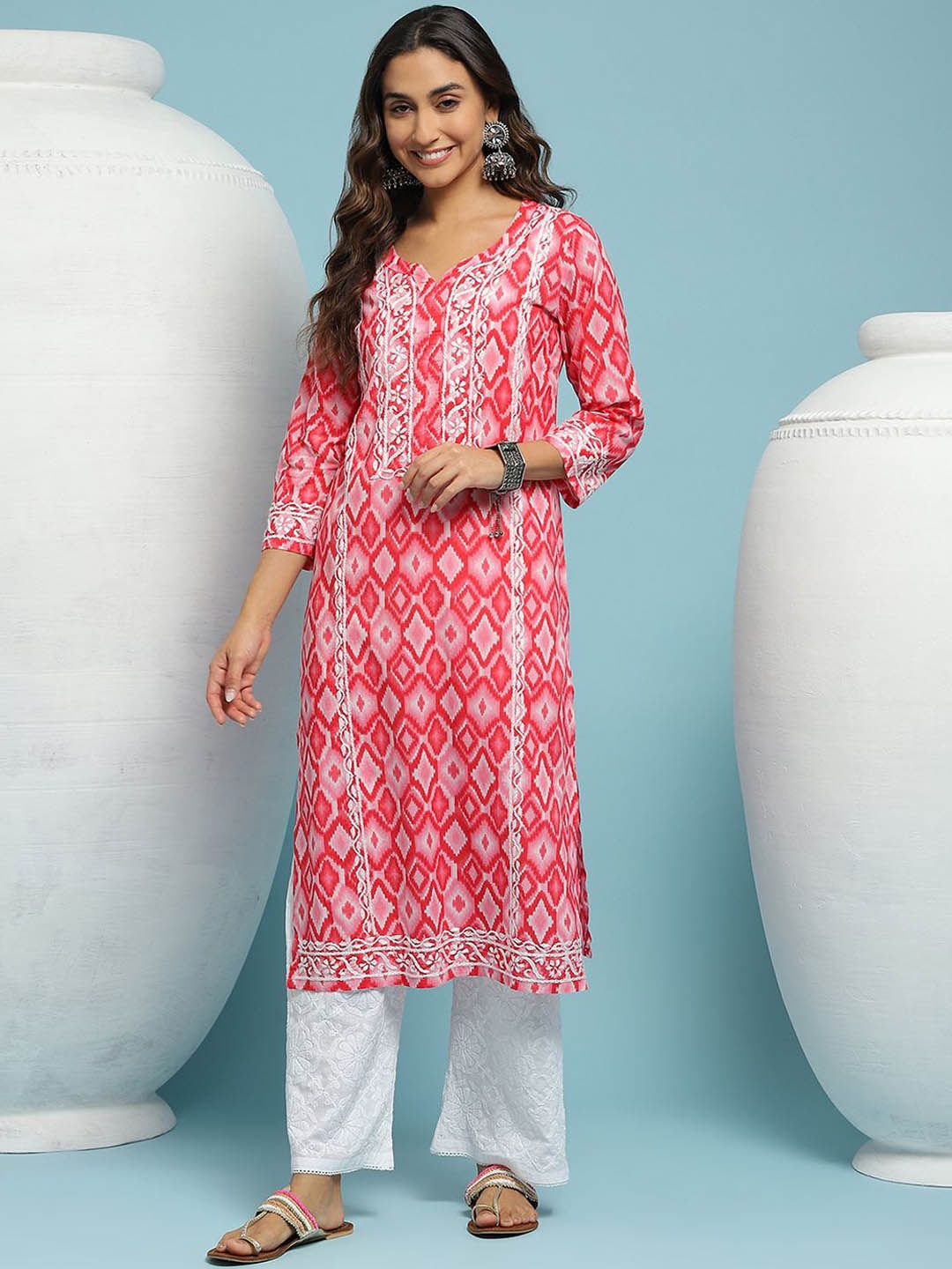 

House of Chikankari Chikankari Printed Kurta, Pink