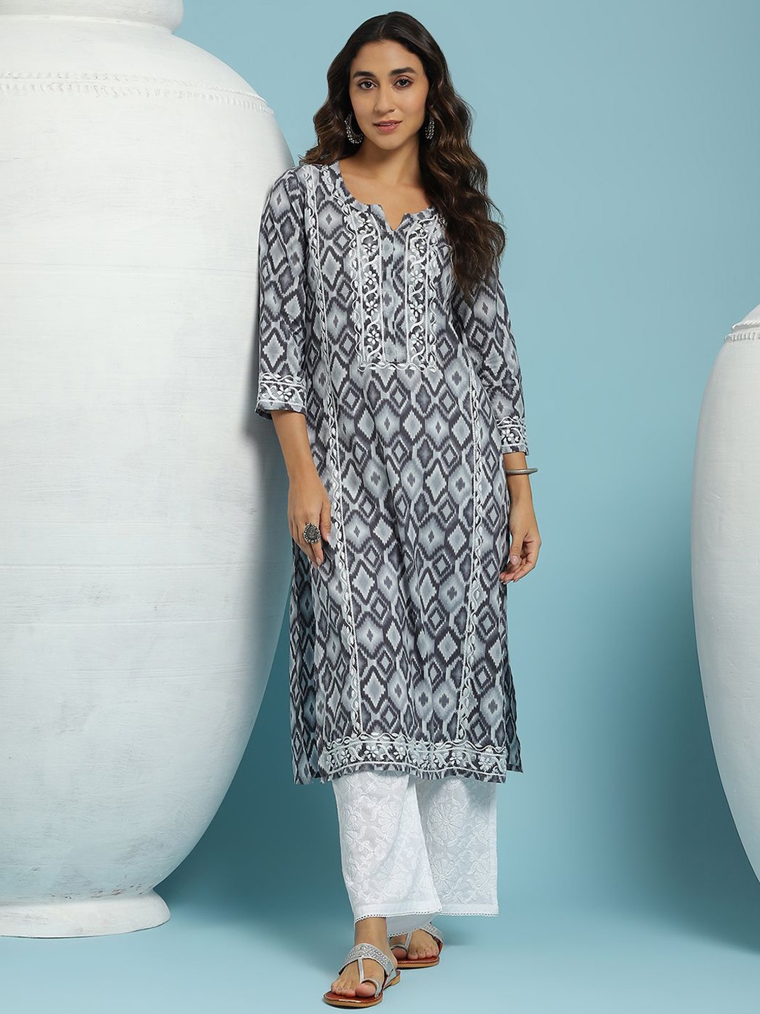 

House of Chikankari Chikankari Printed Kurta, Black