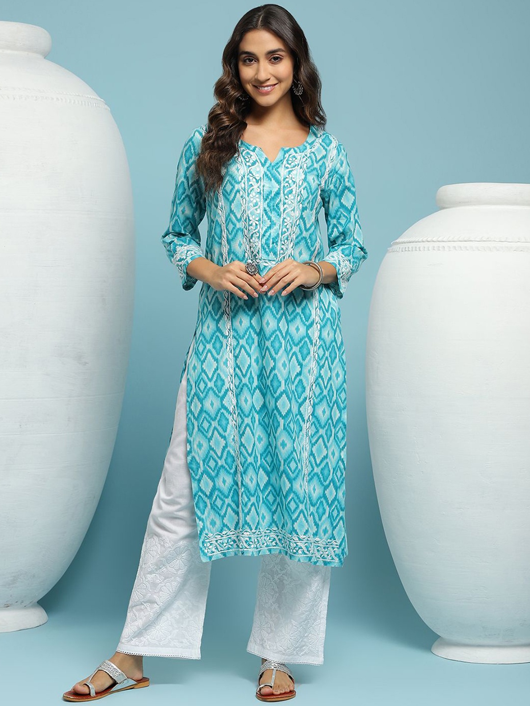 

House of Chikankari Chikankari Printed Kurta, Blue
