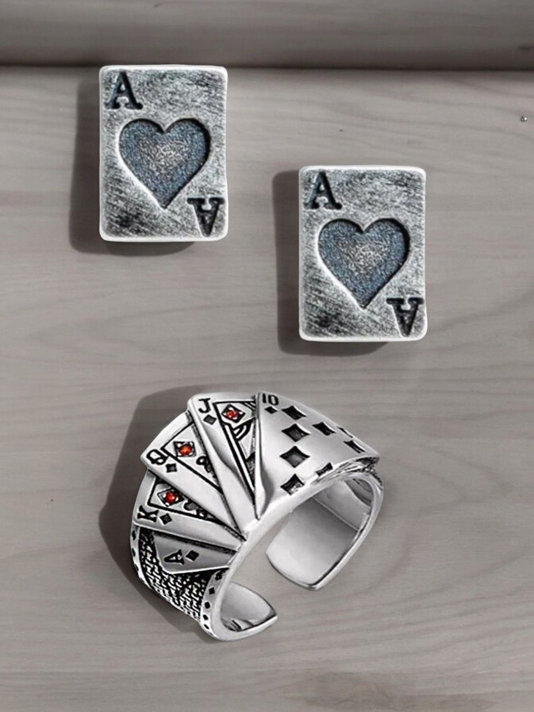 

OOMPH Men Stone Studded Finger Ring and Earrings, Silver